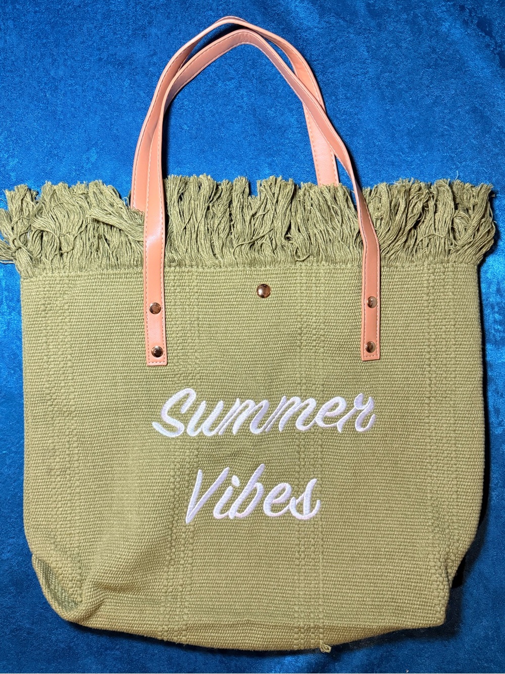 Summer Vibes Olive Green Tote Bag with Brown Faux Leather Straps